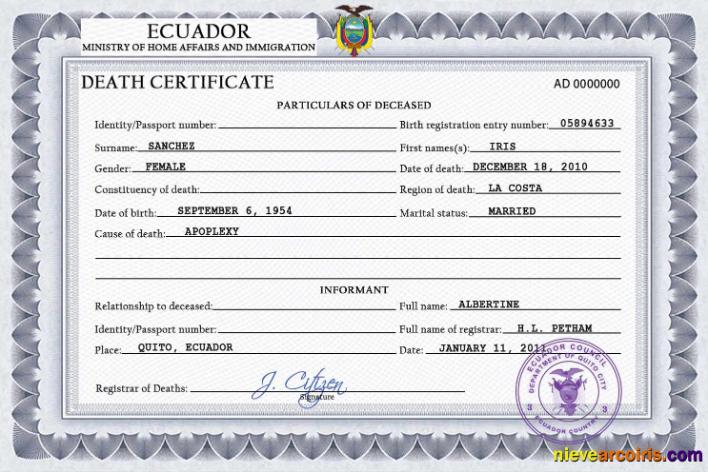 Ecuador vital record death certificate